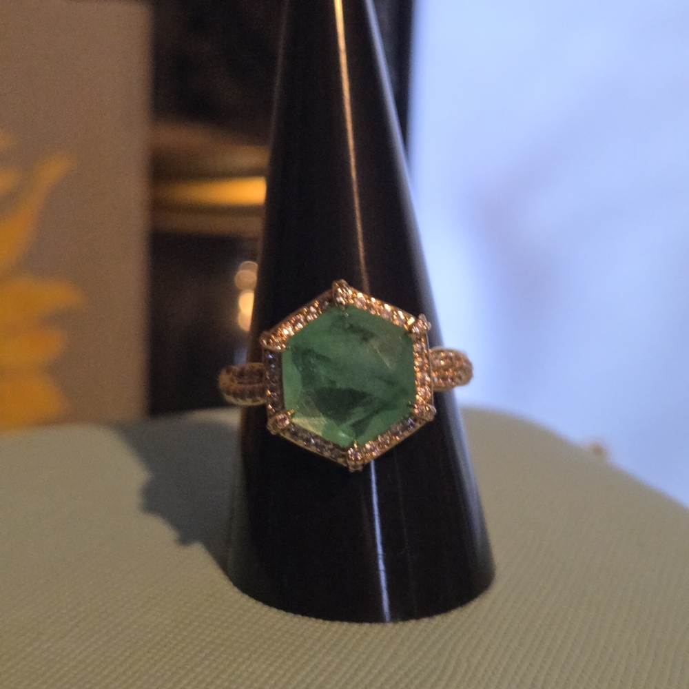 Hexagonal Green Gemstone Ring with Gold Band